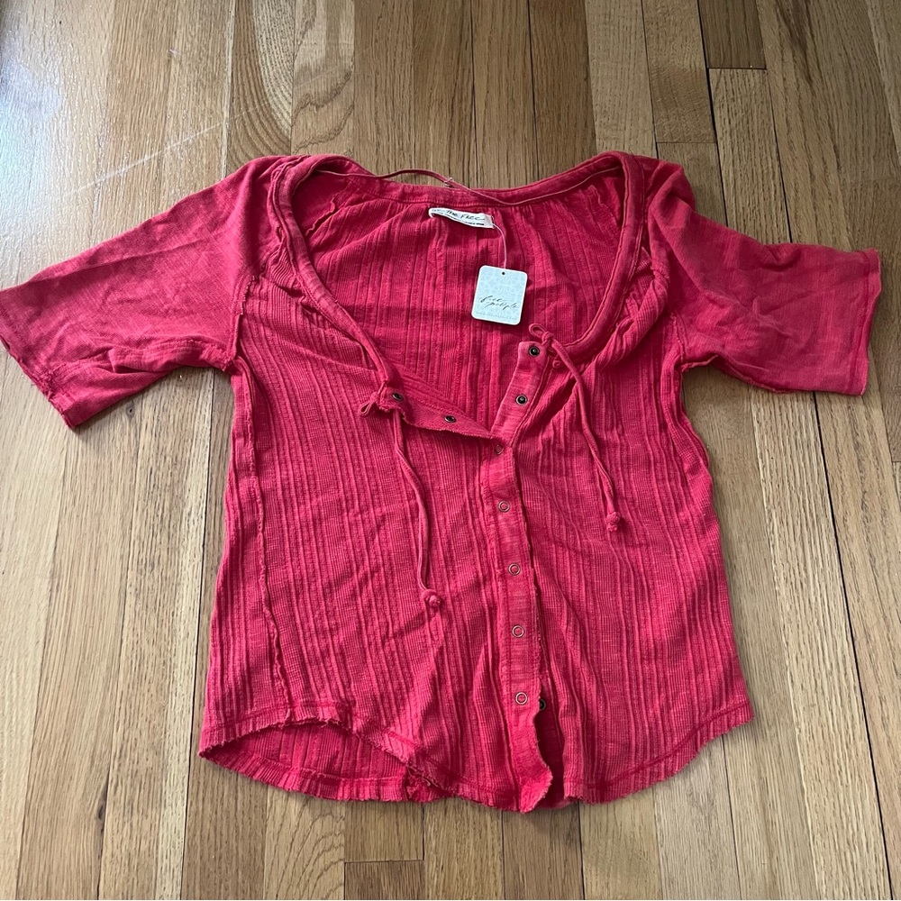 We The Free Red Ribbed Tie Front Blouse